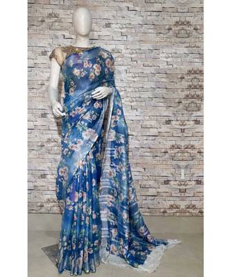 Blue Floral Print Linen Saree 1