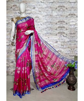 Pink Floral Print Linen Saree 1