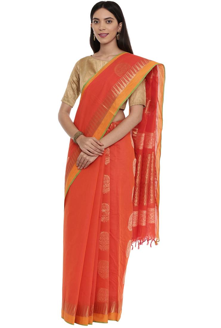 CLASSICATE from the house of The Chennai Silks Women's  orange Coimbatore Cotton Saree