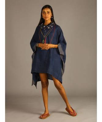 blue linen kaftan with cowl neck 1