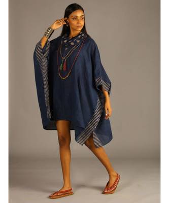 blue linen kaftan with cowl neck 2