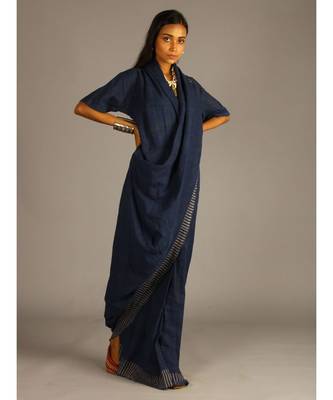 blue linen block printed drape dress 1