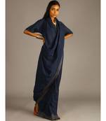 blue linen block printed drape dress