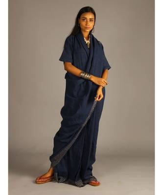 blue linen block printed drape dress 2