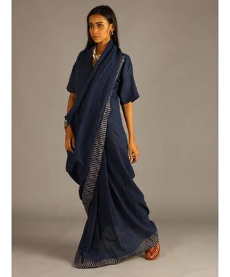blue linen block printed drape dress 3