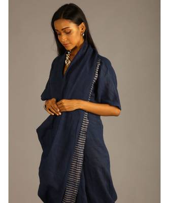 blue linen block printed drape dress 4