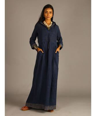 blue linen maxi front open dress 1