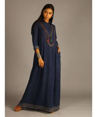 blue linen maxi front open dress 2