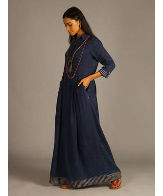 blue linen maxi front open dress 3