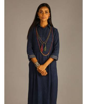 blue linen maxi front open dress 4