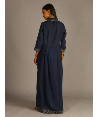 blue linen maxi front open dress 5