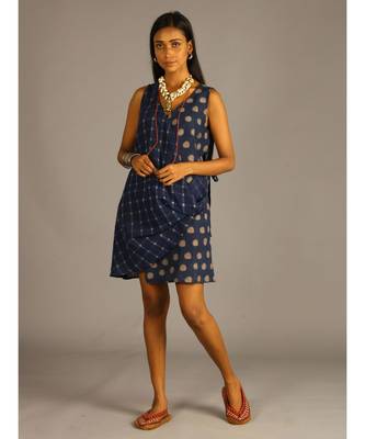 blue linen block printed angrakha top 1