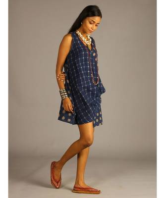 blue linen block printed angrakha top 3