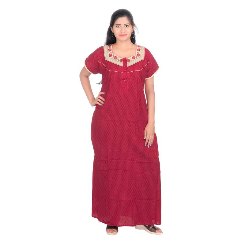 Red colour Embroidery Printed Square Neck Cotton Nighty For Ladies Nightwear Women Night Gown(Free Size)