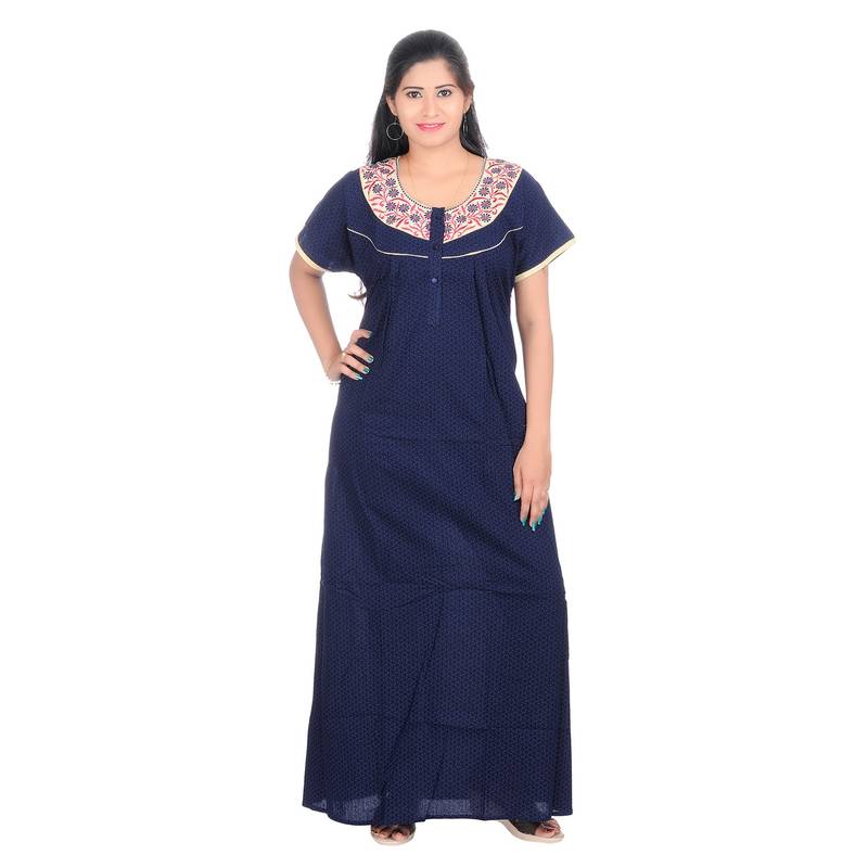 Blue colour Embroidery Printed Round Neck Cotton Nighty For Ladies Nightwear Women Night Gown(Free Size)