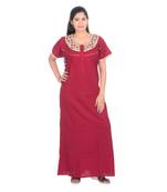 Red colour Embroidery Printed Round Neck Cotton Nighty For Ladies Nightwear Women Night Gown(Free Size)