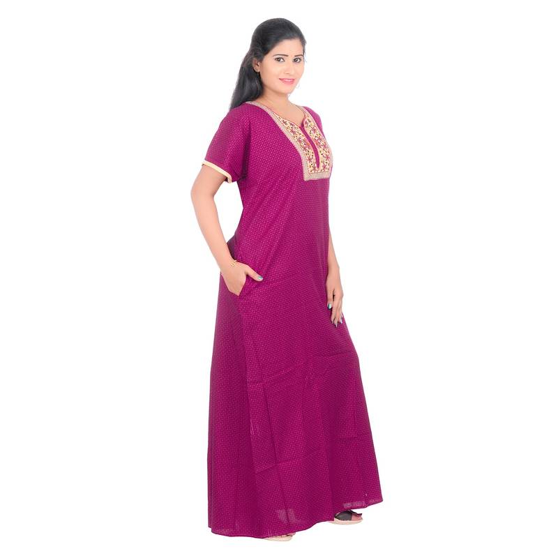 Pink colour A Line Embroidery Printed Round Neck Cotton Nighty For Ladies Nightwear Women Night Gown(Free Size)