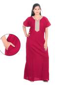 Red colour A Line Embroidery Printed Collar Neck Cotton Nighty For Ladies Nightwear Women Night Gown(Free Size)