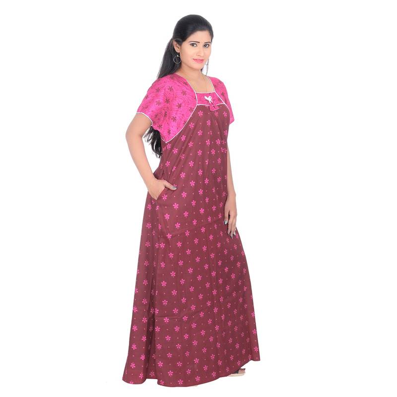 Pink colour Floral Design Printed Square Neck Cotton Nighty For Ladies Nightwear Women Night Gown(L Size)
