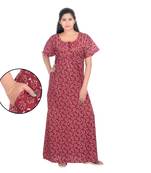 Red & White colour Floral Design Printed Square Neck Cotton Nighty For Ladies Nightwear Women Night Gown(Free Size)