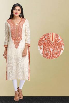 Fawn Embroidered Georgette Chikankari Kurti  1