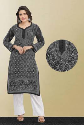 Ada Hand Embroidered Black Cotton Lucknow Chikan Kurti  1