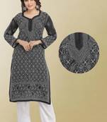 Ada Hand Embroidered Black Cotton Lucknow Chikan Kurti 