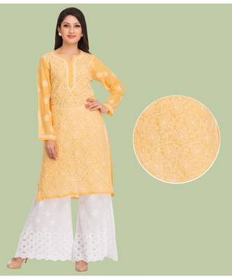 Ada Hand Embroidered Yellow Georgette Lucknow Chikankari Kurta 1