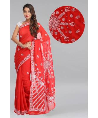 Ada Hand Embroidered Red Faux Georgette Lucknow Chikankari Saree With Blouse 1