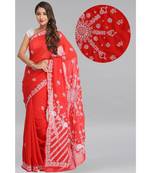 Ada Hand Embroidered Red Faux Georgette Lucknow Chikankari Saree With Blouse