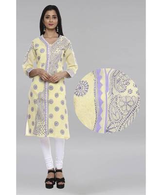 Ada Lemon Hand Embroidered Chikankari Cotton Kurti  1