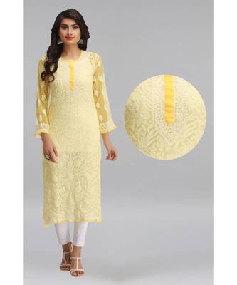 Ada Yellow Hand Embroidered Chikankari Georgette Kurti 1