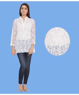 White Embroidered Faux Georgette Chikankari Short Kurti  1