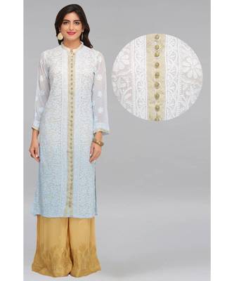 Blue Embroidered Faux Georgette Chikankari Kurti 1