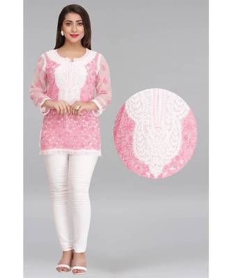 Ada Hand Embroidered Mauve Georgette Lucknow Chikan Kurti with Slip 1