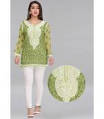 Green Embroidered Faux Georgette Chikankari Short Kurti