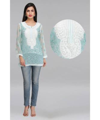 Ada Blue Embroidered Georgette Chikankari Short Kurti  1
