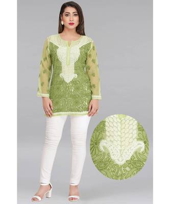 Ada Green Embroidered Chikankari Georgette Short Kurti  1