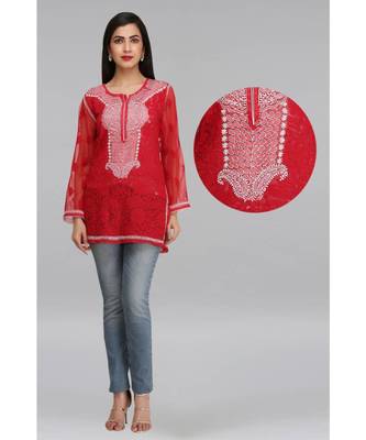 Ada Red Embroidered Georgette Chikankari Short Kurti 1