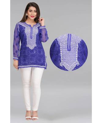 Blue Embroidered Faux Georgette Chikankari Kurti 1