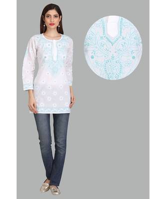 Ada White Embroidered Chikankari Cotton Short Kurti 1