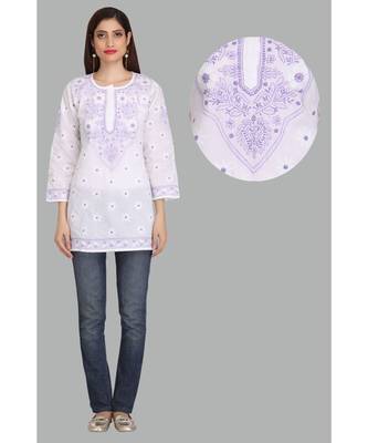 Ada White Embroidered Chikankari Cotton Short Kurti 1