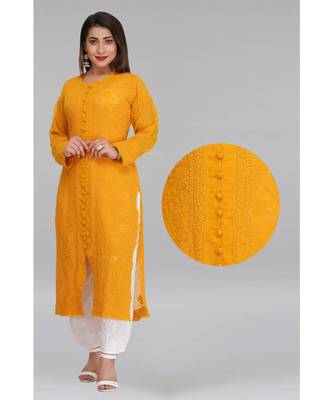 Mustard Embroidered Georgette Chikankari Kurti  1
