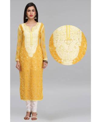 Hand Embroidered Yellow Georgette Lucknowi Chikankari Women Kurta 1