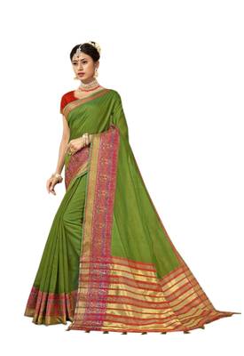 Green Woven Cotton Silk Saree With Blouse 1