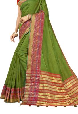 Green Woven Cotton Silk Saree With Blouse 2
