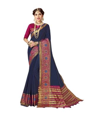 Blue Woven Cotton Silk Saree With Blouse 1