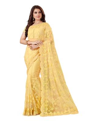 Yellow Embroidered Net Saree With Blouse 1
