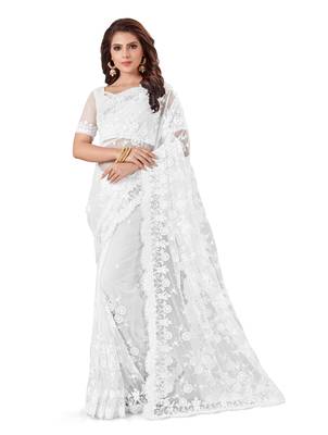 White Embroidered Net Saree With Blouse 1