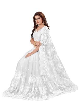 White Embroidered Net Saree With Blouse 2